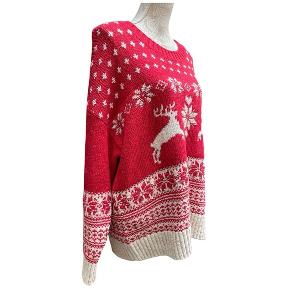 Fat Face UK Wool Blend Fair Isle Red Cream Reindeer Ski Resort Sweater Size 18 - Picture 6 of 16